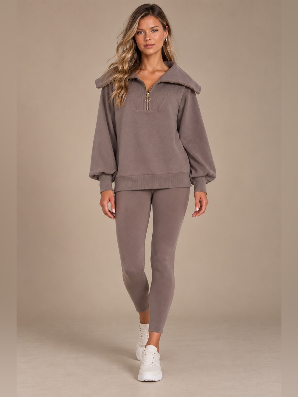 Varley Vine Pullover Taupe Zip-Front w/Gold detailing Casually Chic Top Sz XXS